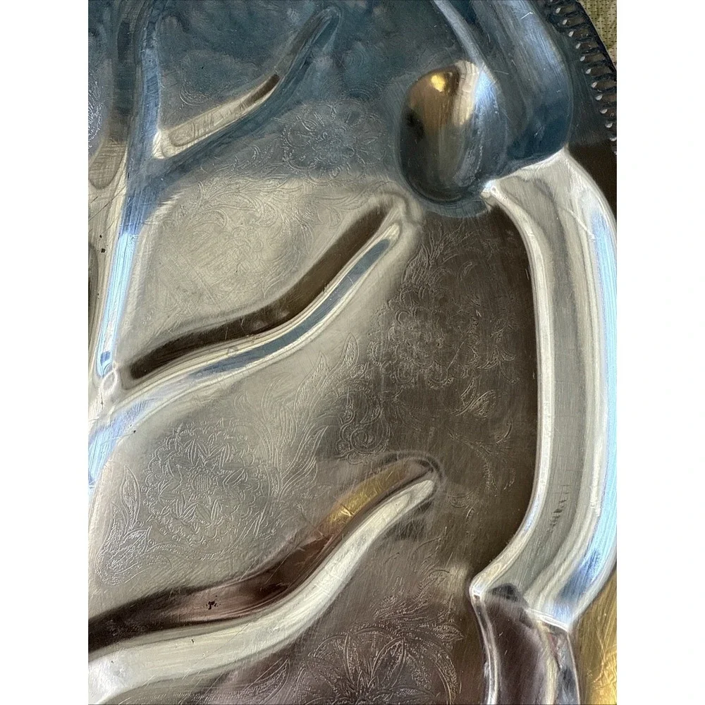 Vintage Stainless Steel Turkey Serving Tray With Drainage Tree Channels & Etched